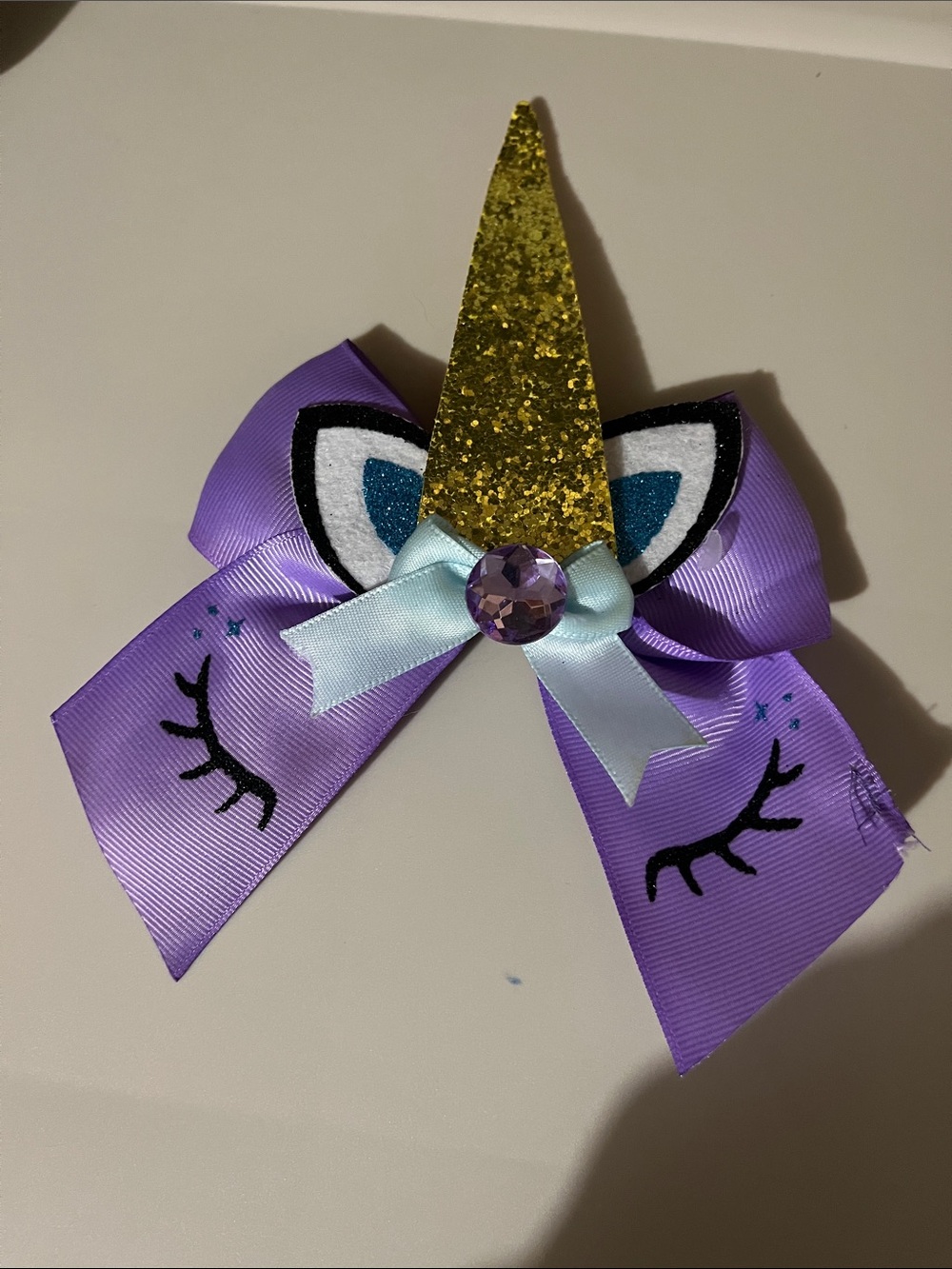 Kids Purple Unicorn Hair Bow with Gold Glitter Horn